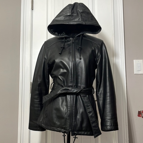 Wilsons Leather Jackets & Blazers - Genuine  Black Leather Hooded Jacket with Drawstring, Pockets,  & Belt SZ S